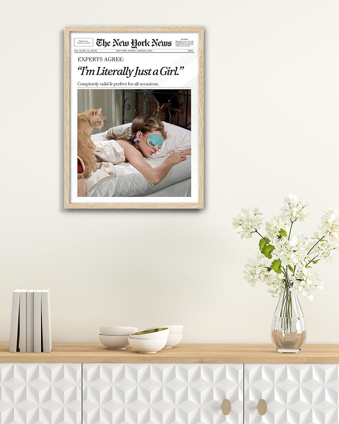 EcoHest 12x16 in Audrey Hepburn I'm Literally Just a Girl Framed Wall Art | Natural Oak Wood Frame with Canvas Wall Art, Vintage Newspaper Wall Decor for Bedroom, Bathroom, Apartment, Dorm Room, 1Pack