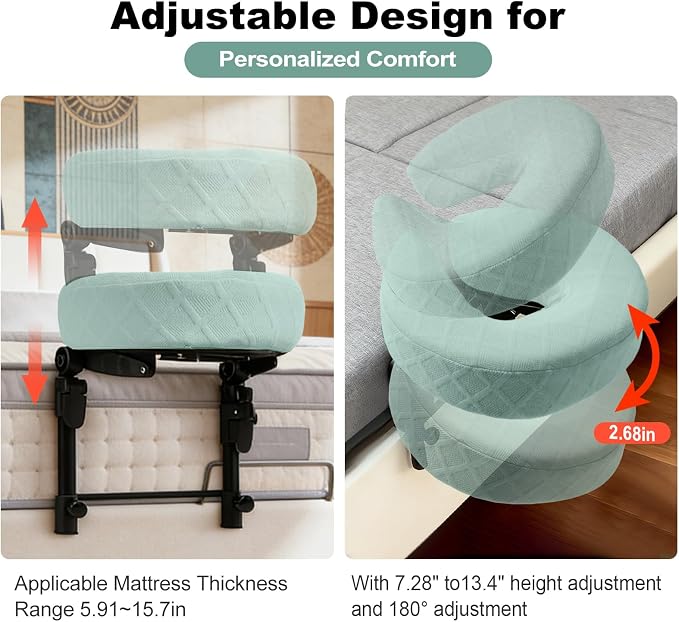 Massage Headrest for Bed with Adjustable Height, Memory Foam Face Cradle, Washable Pillowcase for Home (Green)