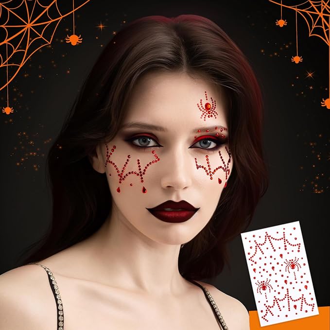 YGDZ Face Gems, Face Jewels for Women, Stick On Red, Black Face Rhinestones, Halloween Makeup Face Stickers, 3D Spider Web Jewels Stickers, Rave Accessories