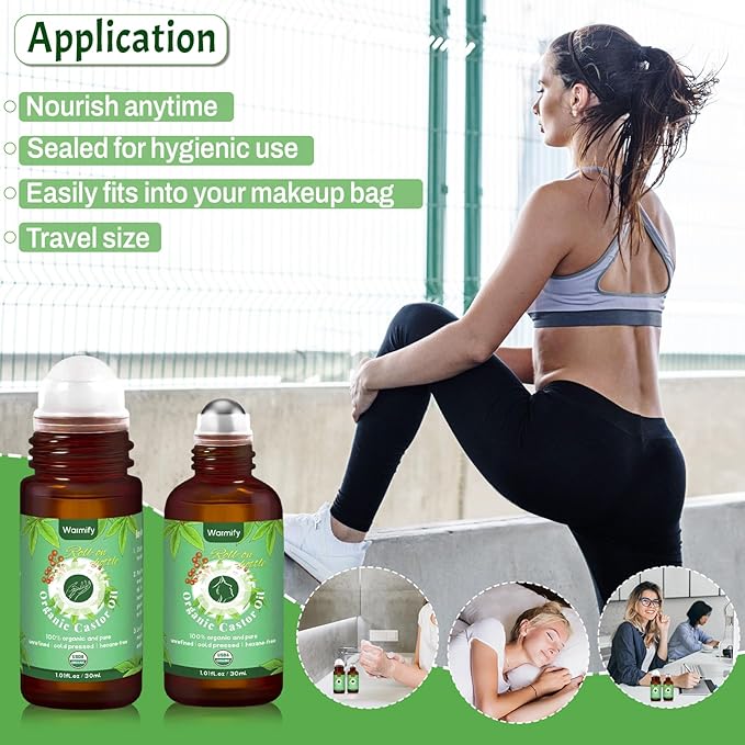 2-in-1 Castor Oil Roll On for Face & Hands, Organic Cold Pressed, Hexane-Free, Unrefined Glass Bottle – Targeted Roller Balls for Eye, Lip, Skin, Nail & Cuticle Care – 2 x 1 fl.oz