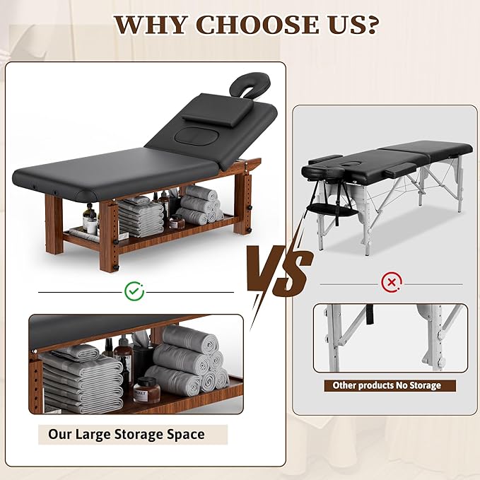 Olela Wood Adjustable Massage Table, Stationary Massage Tables with Adjustable Height Legs & Storage, Esthetician Bed with C-Shaped Pillow & PU Leather for Spa, Massage, Physical Therapy, Treatment