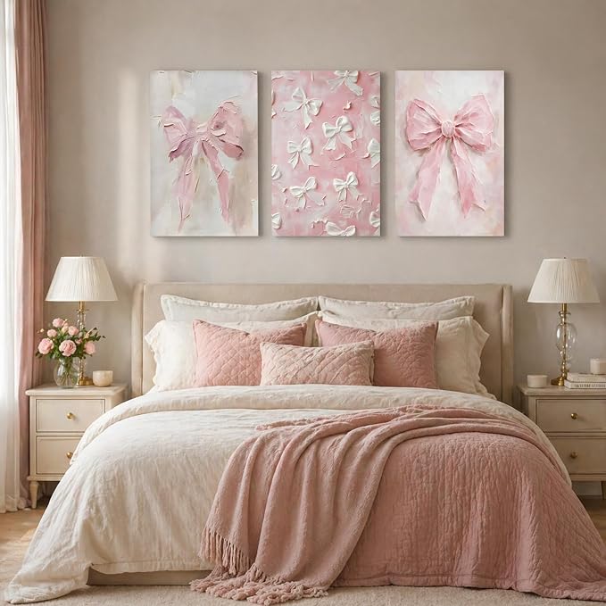 Pink Bow Canvas Wall Art Set of 3 Trendy Preppy Oil Painting Posters Wall Decor Cute Coquette Print Picture Girly Aesthetic for Back to School Girls Bedroom Bathroom College Dorm 16x24 In Framed