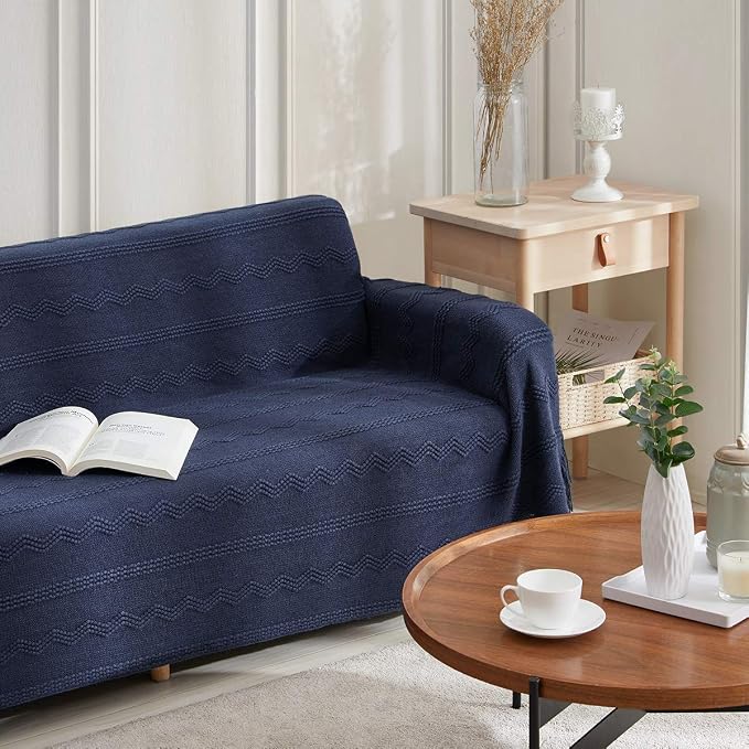 BOURINA Navy Throw Blanket 50x90 Inch Boho Knitted Soft Throw Sofa Blanket | Knitted Throw Blanket 50x90 Inches, Soft Lightweight Boho Weave Throw Decorative Couch Blanket for Living Room Bed Runner