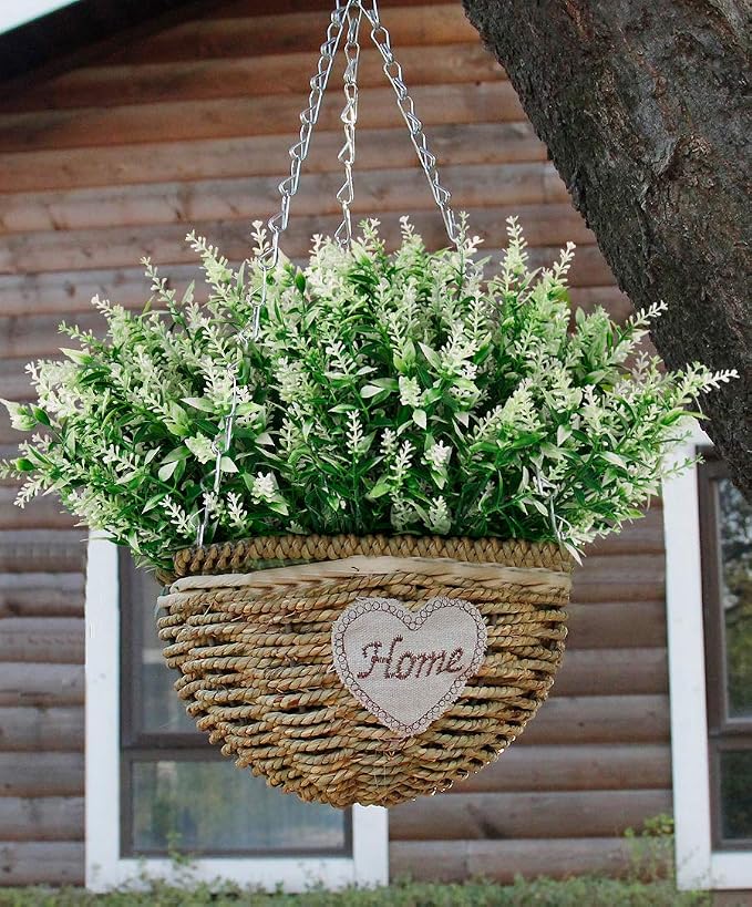 RECUTMS Artificial Plants Lavender, 8 Bundles Outdoor UV Resistant Greenery | Faux White Flowers For Outdoor Planters Fake Shrubs Simulation Plants Filler Indoor Outside Hanging Planter Home Garden Decor