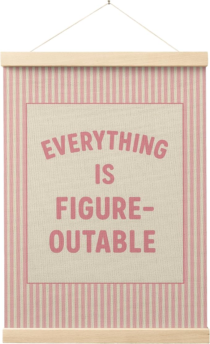 FGFK Preppy Pink Everything Is Figureoutable Inspirational Wall Art Poster Hanger Frame, Girly Pink Striped Positive Affirmations Canvas Prints Framed Wall Decor for Girls Bedroom Dorm, 12x16 Inch