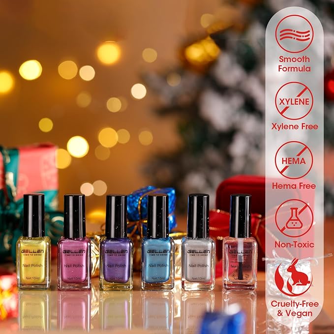 GELLEN Metallic Nail Polish, Quick Air Dry Metal Regular Nail Polish Gold Silver Purple Pink Blue 5 Colors with 2-In-1 Base Top Coat | For Finger Toe Nails Home Salon, TPO & Hema Free, Non-toxic