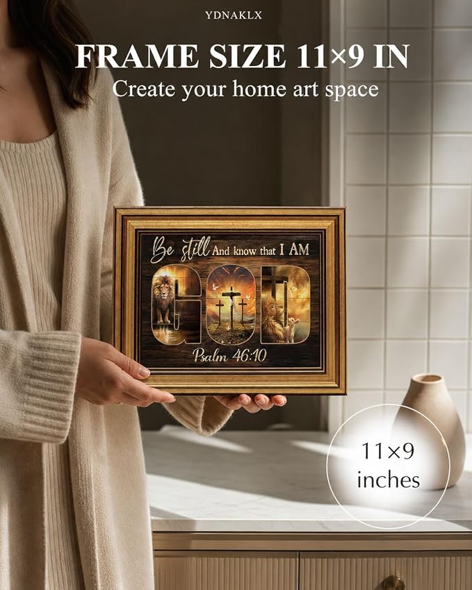 Gold Framed Wall Art, Christian God Canvas Prints, Lion and Lamb Cross Picture Wall Decor, Religious Bible Verse Artwork for Living Room Bedroom 9x11 inch