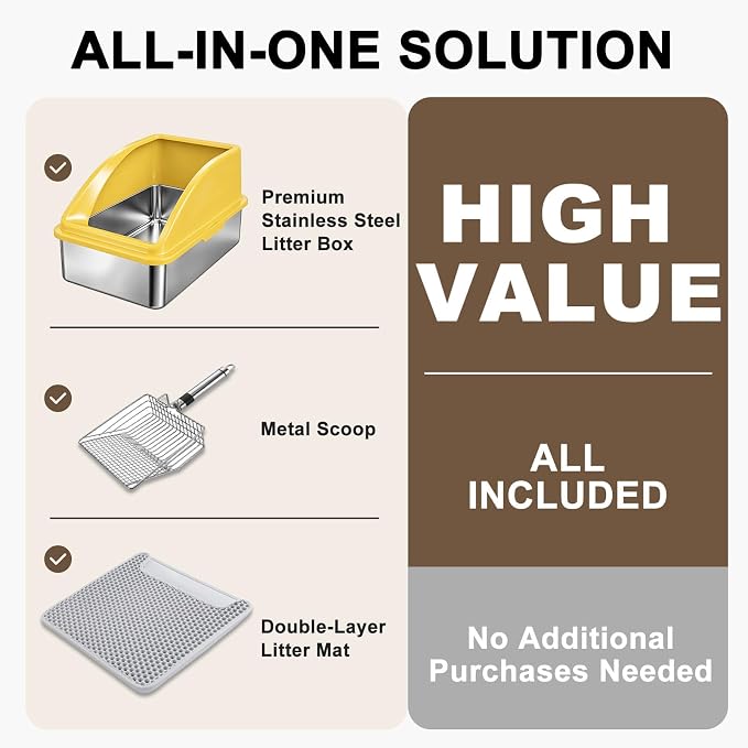 AIPERRO Stainless Steel Litter Box | XL Metal Cat Litter Boxes with Lid | Enclosed High Sided for Big Cats | Anti-Urine Leakage | Non-Stick & Easy to Clean with Litter Mat & Metal Scoop (Yellow)