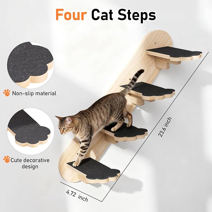 XiaZ Cat Wall Hammock Mounted Bed with 4 Climbing Steps, Modern Cats Shelves and Perches up to 30lbs, Wooden Kitten Wall Furniture for Indoor Sleeping, Playing, Climbing and Lounging (Hammock)