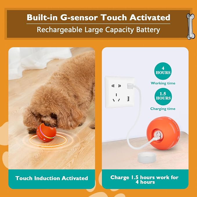 PetDroid Interactive Dog Toys Dog Ball, [Newly Upgraded] Durable Motion Activated Automatic Rolling Ball Toys for/Small/Medium/Large Dogs,USB Rechargeable(Orange)