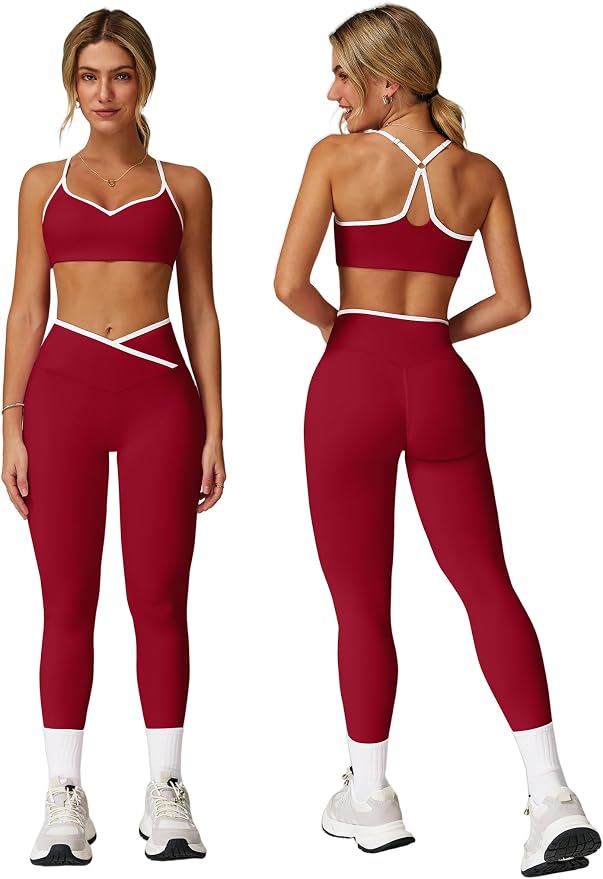 ABOCIW Workout Sets for Women 2 Piece Color Block Strappy Sports Bra High Waist Shorts Gym Yoga Pilates Outfits