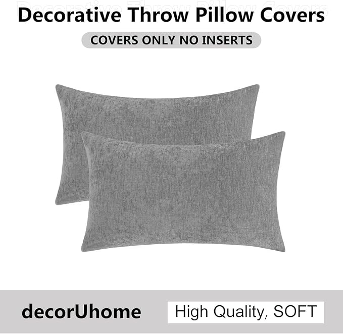 decorUhome Soft Chenille Dark Grey Throw Pillow Covers 12X20 Set of 2 | Decorative Fall Couch Pillow Covers Solid Dyed Accent Modern Farmhouse Neutral Rectangle Pillow Cases for Sofa