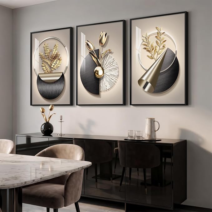 Framed Modern Elegant Luxury Gold Wall Art, 3 Piece 20x30 In | Abstract Geometric, Gold floral, Crystal coating, Wall art for living room, bedroom, dining room