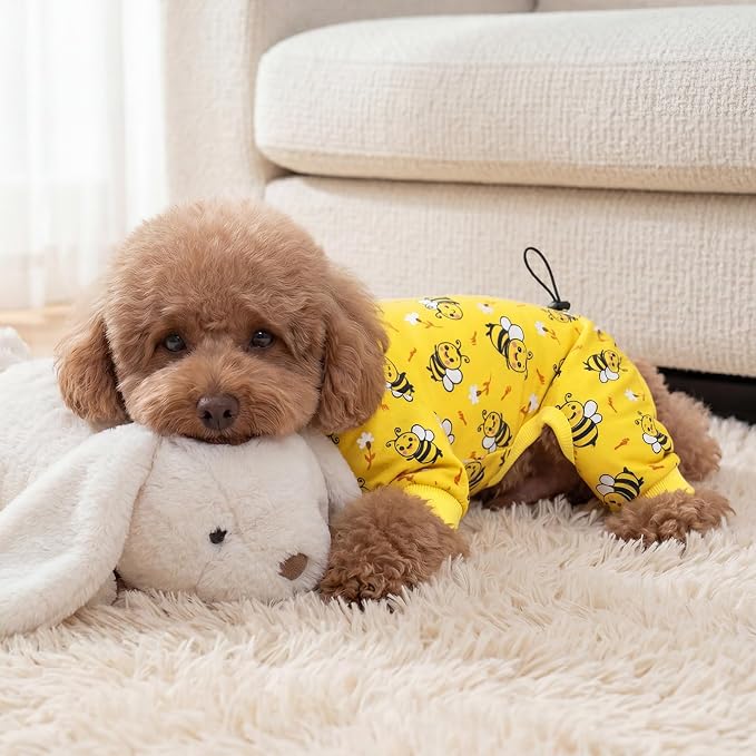 XPUDAC Dog Pajamas for Small Medium Dogs, Cute Puppy Clothes with Bee Print, Soft Breathable Dog Pjs Onesie with Adjustable Drawstring for Summer Holiday, XS