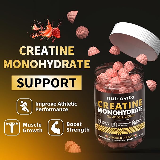 Nutravita Creatine Monohydrate Gummies for Men & Women-5g of Creatine Monohydrate per Serving - Sugar Free,Vegan, Strawberry Flavor, 120 Count