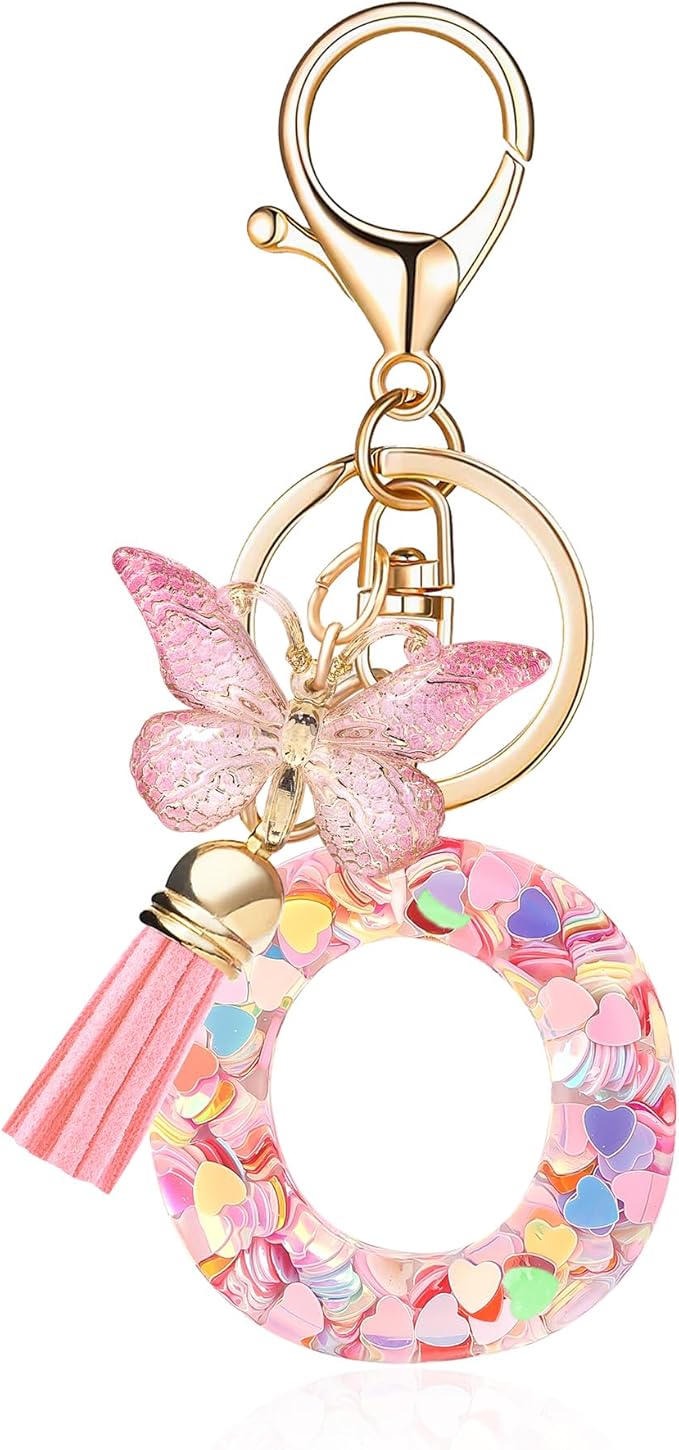Fashion Alphabet Initial Letter Keychain Tassel Butterfly Pendant Key Ring for Purse Handbags Women Girl