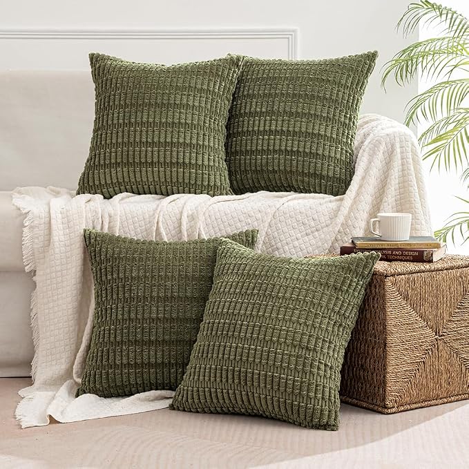 MIULEE Pack of 4 Corduroy Decorative Throw Pillow Covers 18x18 Olive Green | Neutral Rustic Farmhouse Boho Soft Striped Pillow Covers,Home Decor for Sofa,Living Room,Couch,Bed