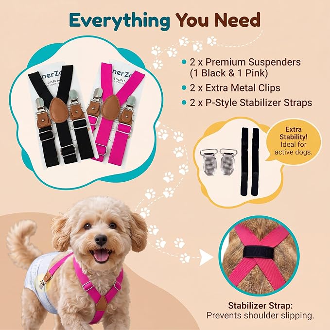 2 Pieces Dog Diaper Suspenders, for Dog Diaper Female and Belly Band for Male (Navy Blue&Pink, Small/Medium)