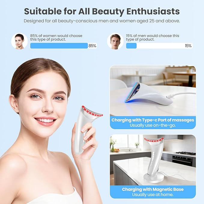 7 Color Light Face and Neck Massager Tool of Double Chin Reducer, Facial Massager with Adjustable Vibration and Thermals for Wrinkles Face Sculpting Tool with Base (White)