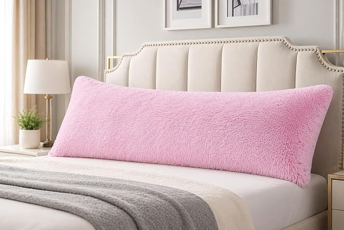REAFORT Long Hair Faux Fur Body Pillow Cover 21"x54", Hidden Zipper (Pink) | Ultra-soft long hair faux fur with a hidden zipper offers luxurious comfort and is machine washable for easy care.