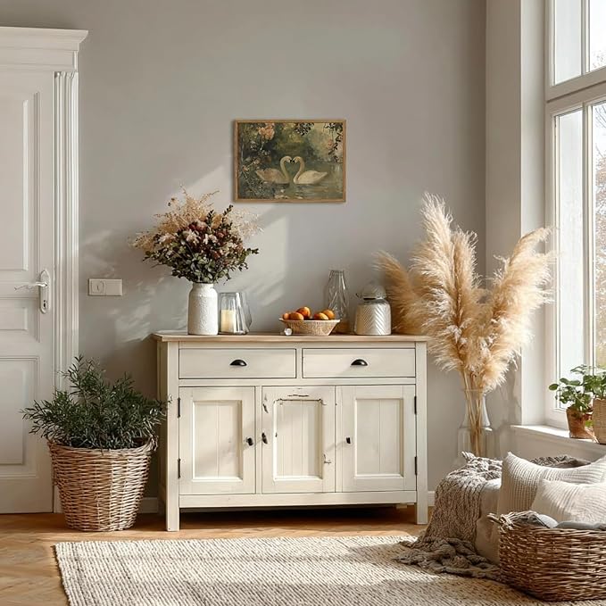 Framed Vintage Swan wall art, Rustic Romantic White Swan Pictures Wall Decor, Cottagecore Farmhouse Animal Paintings Canvas Prints Aesthetic Home Decor for Living Room Bedroom Bathroom 16x24inch