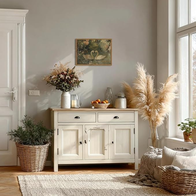 Framed Vintage Swan wall art, Rustic Romantic White Swan Pictures Wall Decor, Cottagecore Farmhouse Animal Paintings Canvas Prints Aesthetic Home Decor for Living Room Bedroom Bathroom 8x10 inch