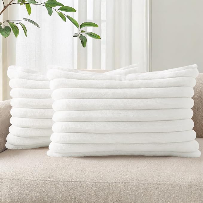 Pallene Faux Fur Decorative Throw Pillow Covers 12x20 Set of 2, White | Luxury Plush Texture, Striped Design, Cozy Soft Touch, Modern Home Accent Decor for Couch, Sofa, Bed, Living Room