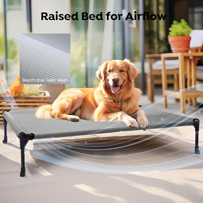 Veehoo 2 Pack Outdoor Elevated Dog Bed for Large Dogs, Cooling Raised Cots | Off-ground training platform, portable camping hammock, breathable mesh, easy to clean, no-tool setup, 42"x30", Gray