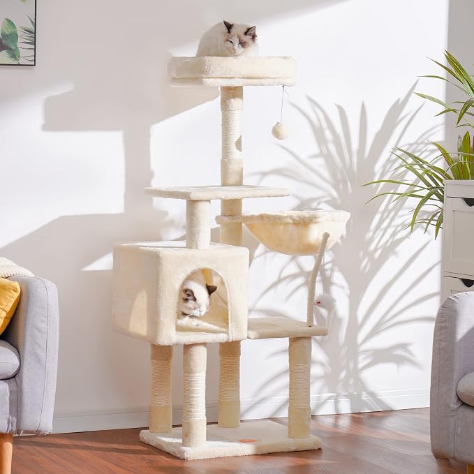Heybly Cat Tree with Toy, 43.3 inch Cat Tower for Indoor Cats HCT004M | Cat Condo with Durable Sisal Scratching Posts, Cat House with Padded Plush Perch, Cozy Hammock, Beige