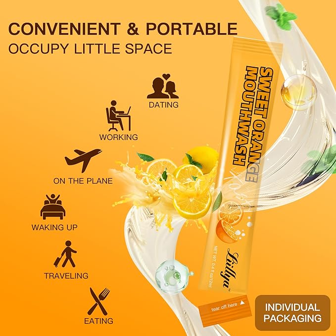 Liillya Mouthwash Travel Size, Individual Mini Mouthwash Alcohol Free, Orange Mint for Fresh Breath, Oral Care, Teeth & Gum Health, TSA Compliant, Portable Packets to Go, 0.41 Fl Oz x 20 Packs