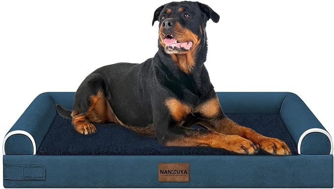 Orthopedic Dog Bed for XX-Large Dogs, 44 x 34 Inch, Navy Blue | Egg crate foam for joint support, 3-sided bolster pet sofa, waterproof lining, washable cover, and non-skid base