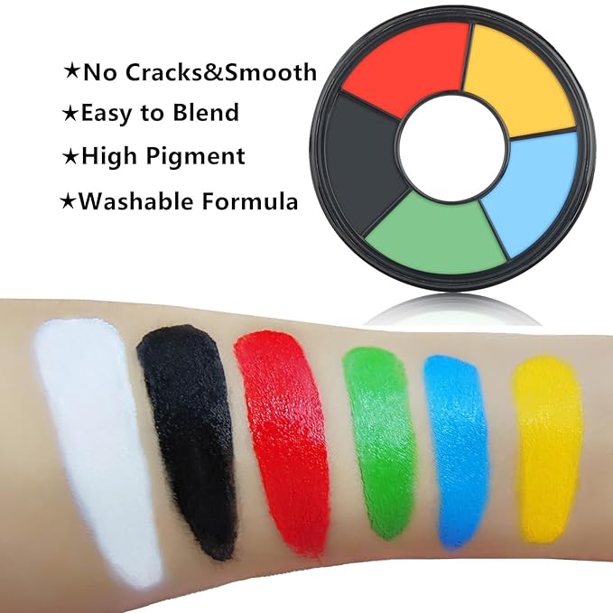 Go Ho 6 Colors Washable Formula Face Body Paint,Face Paint FX Makeup Palette,Professional Red Blue White Black Green Yellow Face Paint Halloween Cosplay SFX Makeup