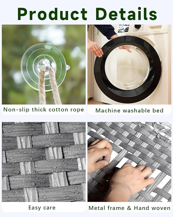 SETVSON Cat Window Perch, Cat Window Hammock Bed for Indoor Cats, Gray | Handwoven PE Rattan Window Seat, 4 Strong Suction Cups, Removable Cat Cushion, 2.3 Inch Fence Shelf, Easy Cat Hair Cleaning