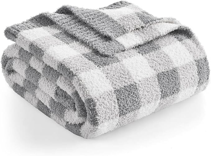 Snuggle Sac Buffalo Plaid Bedding Blanket Twin Size, Super Soft, Cozy Warm Knit Decorative Blankets, Reversible Plaid Fluffy Throws for Bed, Plaid Grey, 60x80 Inches