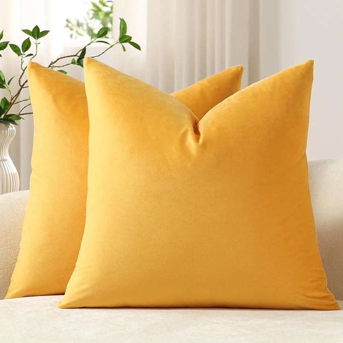Throw Pillow Covers 20x20 Gold Yellow: Pack of 2 Cozy Soft Velvet Square Modern Luxury Decorative Throw Pillow Cases for Sofa Couch Living Room Bed Home Decor