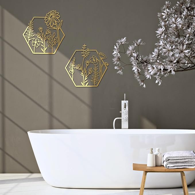 Peryiter 3 Pcs Metal Flower Wall Decor Minimalist Floral Wall Hanging Decor Floral Metal Rustic Flower Art for Summer Living Room Bathroom Kitchen Indoor Outdoor(Gold)