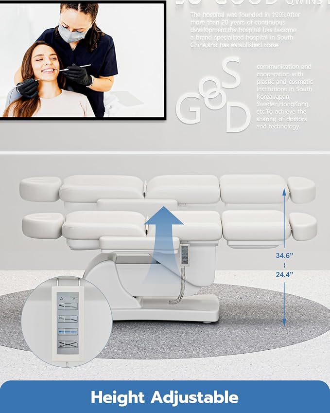 Paddie 550lbs Fully Electric Spa Bed 4 Motor with 20° Backward Tilt, Motorized Height & Angle Adjustable Massage Table Professional for Facial Beauty Microblading Procedure