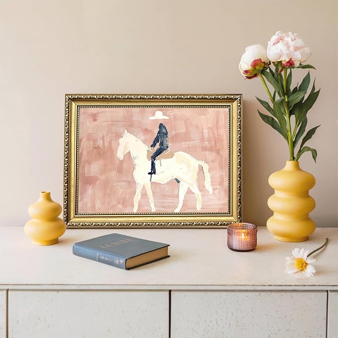 Gold Framed Western Cowboy Wall Art, Modern Abstract Cowboy on Horse Wall Decor Painting Vintage Southwestern Ranch Canvas Prints Picture for Farmhouse Living Room Bedroom 16x24 inch