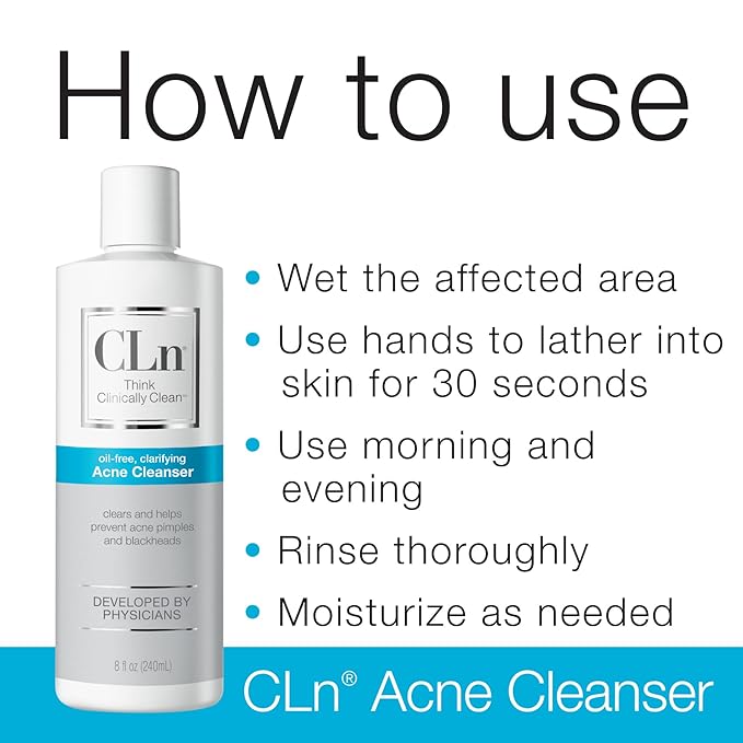 CLn® Acne Cleanser-The Only Cleanser with 0.5% Salicylic Acid Preserved with Sodium Hypochlorite for Clarifying Skin from Blackheads & Breakouts, Oil-Free & Fragrance-Free, 8 fl oz (Pack of 2)