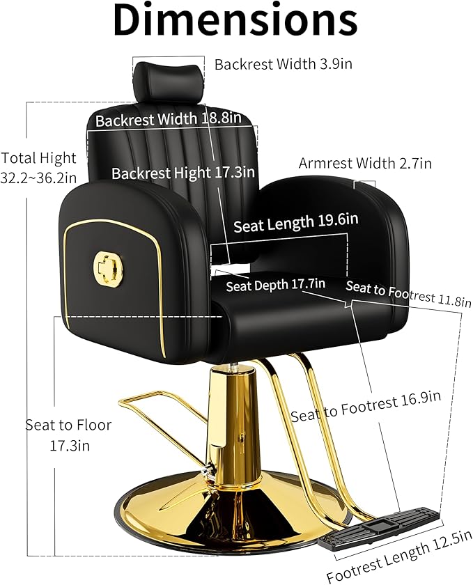 Baasha Black & Gold Reclining Salon Chair with Removable Headrest, Memory Foam Cushion, Heavy-Duty Hydraulic Barber Chair, Soft PU Leather, 440 lbs Capacity, for Haircut & Styling