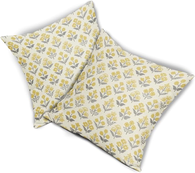 Yellow Grey Gray Floral Block Print Pillow Covers 16x16 Inch Set of 2, Vintage Flower Pattern Decorative Throw Pillowcases Outdoor Farmhouse Cushion Covers Spring Summer Rustic Sofa Couch Bed Decor
