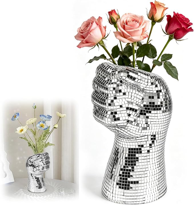 1Pcs Fist Shape Disco Vase, Silver Mirror Finish Fist Shape Design Disco Ball Planter, Home Living Room Balcony Study Desk Party Decor.