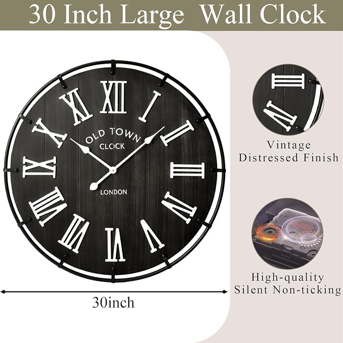 EMAX HOME Inch Large Black Wall Clock, Rustic Distressed Wooden Dial with 3D White Roman Numerals, Silent Sweep Movement, High Contrast Farmhouse Decor for Bedroom, Kitchen, or Dining Room.