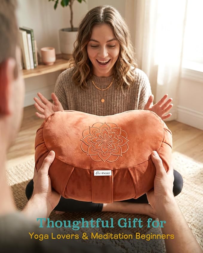 Hihealer Premium Crescent Meditation Cushion, Ergonomic Buckwheat Hull Floor Pillow for Adults, Comfortable Yoga Bolster for Meditation & Floor Sitting (Orange)