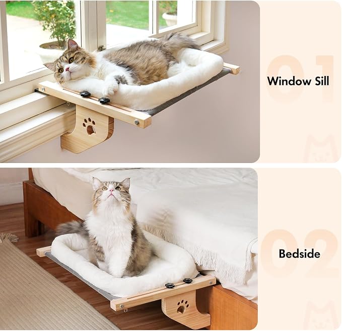 AMOSIJOY Wooden Cat Windowsill Perch with Zipper Cushion Bed, 27.5in | Sturdy Wood & Metal Frame Hold up to 40lbs, Machine Washable, Easy to Adjust, Hook-on Mounting Cat Hammock Seat for Large Cat
