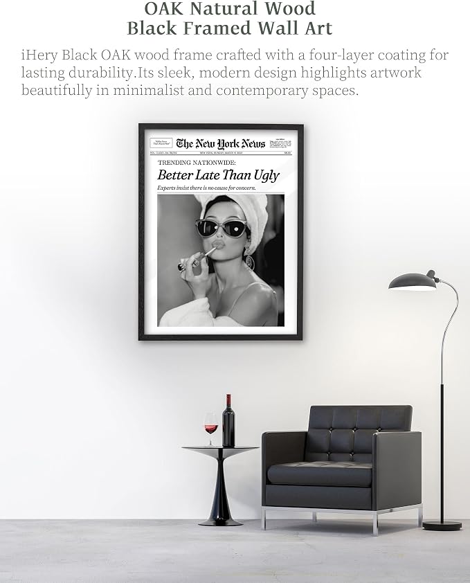 iHery 12x16in Audrey Hepburn Better Late Than Ugly Framed Bathroom Art | Premium Black Natural OAK Wood Frame with Canvas Print, Vintage Fashion Wall Decor for Bedroom, Apartment Girl Dorm, 1Pack