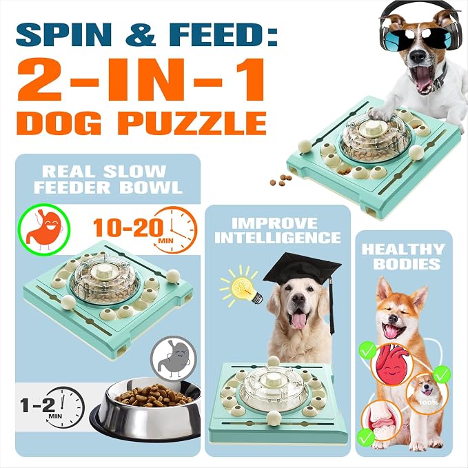 KADTC 2-Level Dog Puzzle Toy, Spin to Release Treat Dispenser & Slow Feeder
