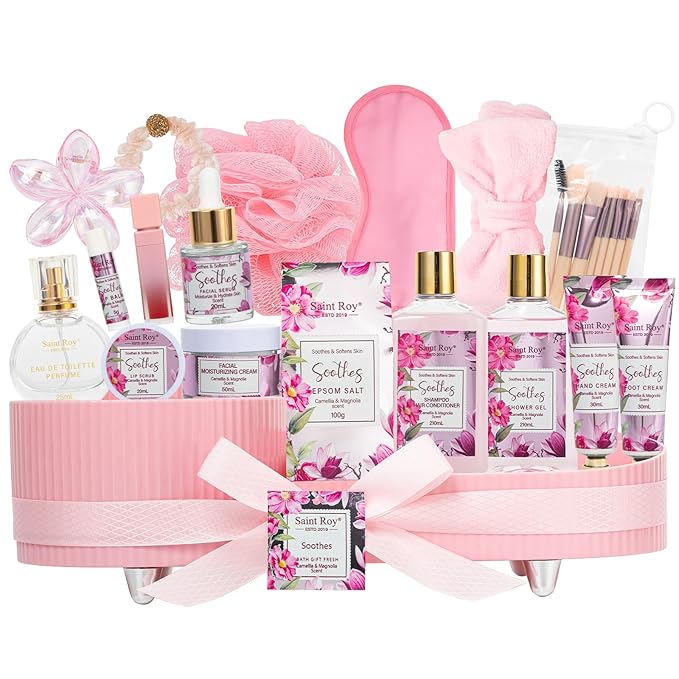 27 Pcs Spa Day Gifts Basket for Women, Camellia & magnolia Bath and Body Gift, Facial Skin Care Set, Self Care Pampering Kit, Face Serum, Lip Care, Home Spa, Birthday, Mother Day, Bridal Shower