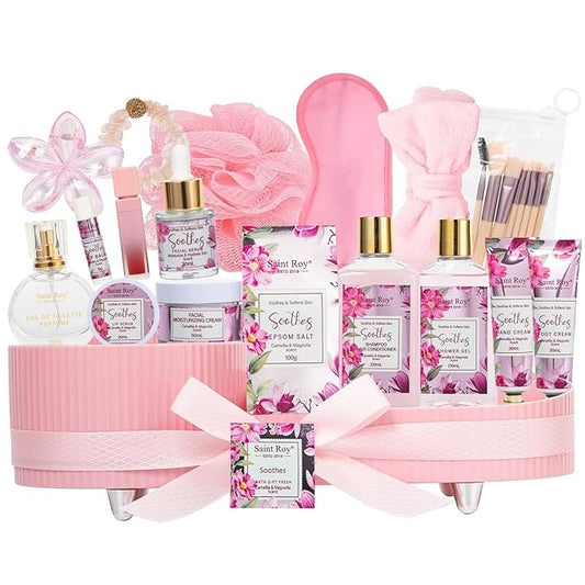 27 Pcs Spa Day Gifts Basket for Women, Camellia & magnolia Bath and Body Gift, Facial Skin Care Set, Self Care Pampering Kit, Face Serum, Lip Care, Home Spa, Birthday, Mother Day, Bridal Shower