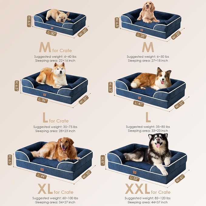 EHEYCIGA Orthopedic Extra Large Dog Bed, Waterproof Washable XL Pet Bed 44" | Non-Slip Bottom and Egg-Crate Memory Foam Big Dog Couch Bed with Washable Removable Cover, Navy, 44Inch